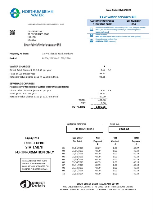 United Kingdom Northumbrian Water business utility bill template in Word and PDF formats, version 2